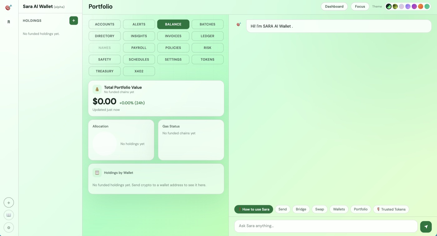 Sara AI Wallet's chat-first interface running locally